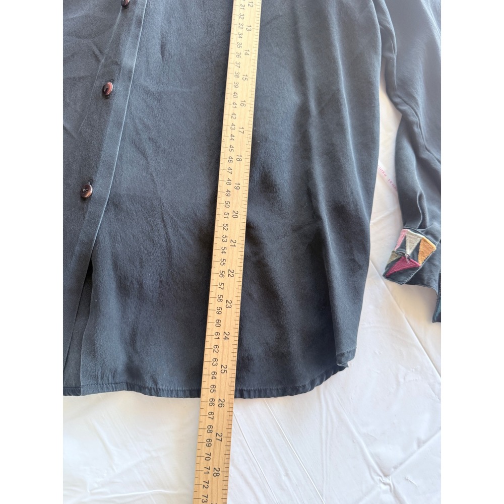 Blue Ice Vintage 100% Silk Black Button Up Blouse Embroidered Triangles Size L - Picture 4 of 7